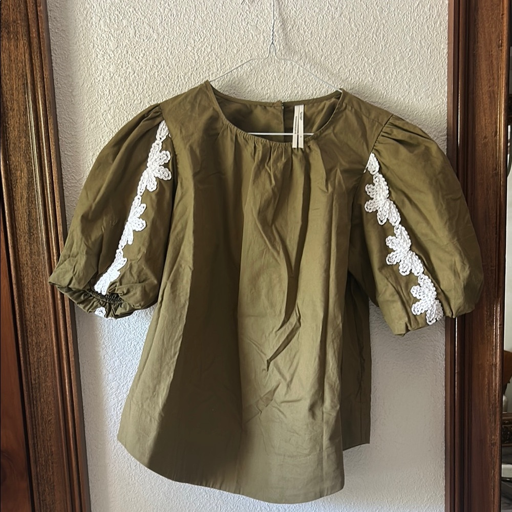 Olive Green Puff Sleeve Top with White Floral Accents